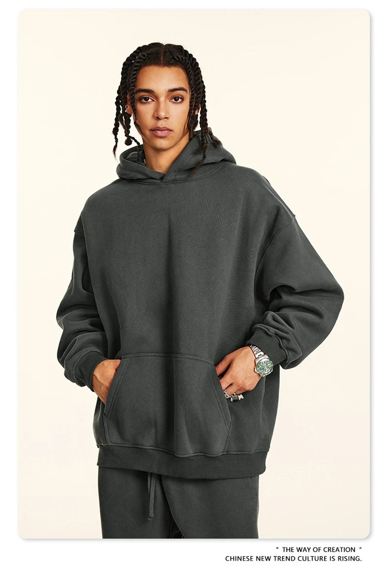 ZODF New 2024 Autumn Winter Men 345gsm Fleece Hoodies Unisex Women Relax Fit Warm Solid Hooded Pullovers Sweatshirts HY0863