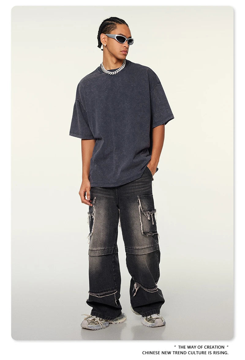 ZODF Vintage 2024 Summer Men Washed Solid 230gsm T-Shirts Unisex Ripped Breathable Quick Dry Cooling Feeling T Shirt Tees HY0801
