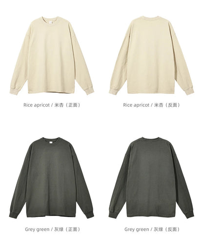 ZODF Retro Autumn Full Sleeve Washed 100% Cotton T-Shirts For Men Unisex Solid Casual Loose 310gsm Tee Brand Tops HY0405