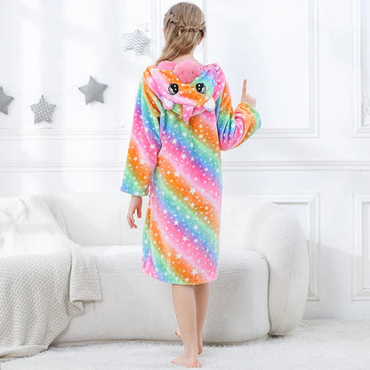 Toddler Boys Bathrobe Girl Sleepwear Winter Flannel Hooded Bath Towel Teen Dinosaur Cow Pjs Animal Pajamas Robe Children Clothes