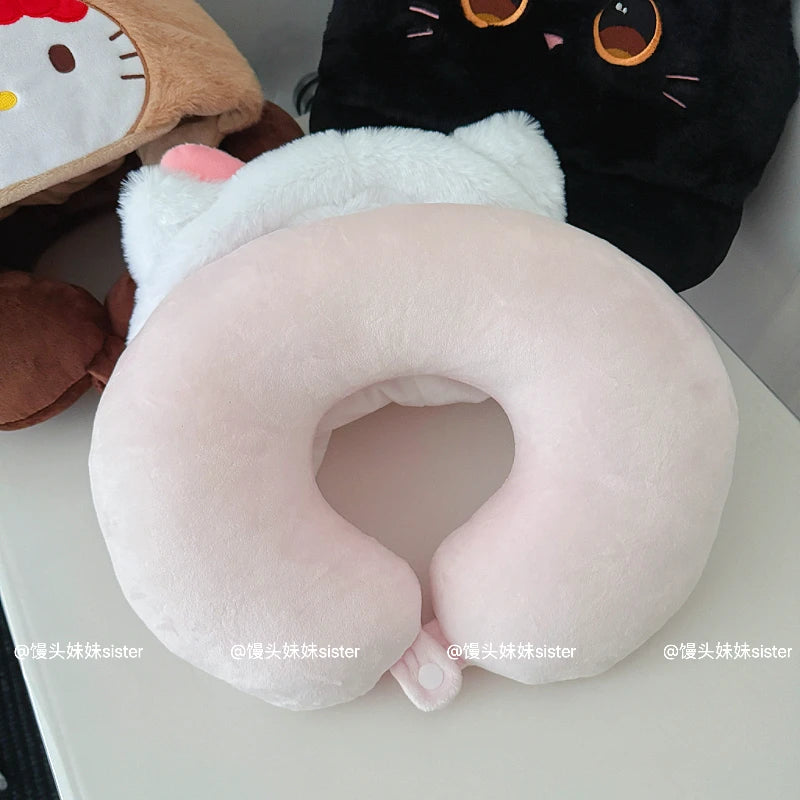 Kawaii Hello Kitty Neck Support Pillow with Hat Soft Plush Travel U-Shaped Pillow Nap Sleeping Cartoon Comfortable Journeys Girl