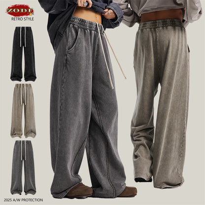ZODF Retro 2025 Autumn Men 380gsm Washed Cotton Pants Unisex Distressed Loose Terry Sport Trousers Sweatpants HY1079