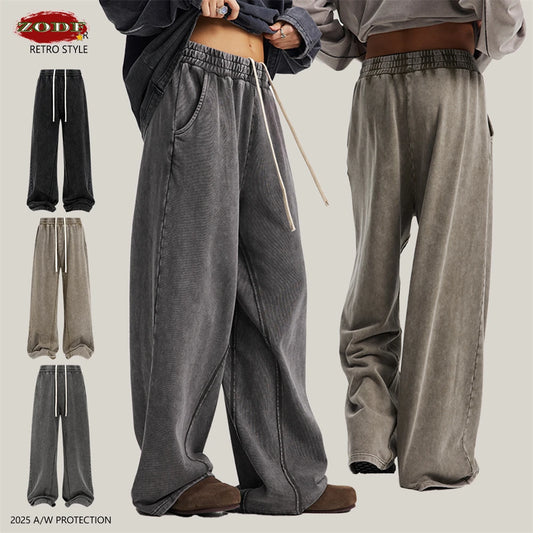 ZODF Retro 2025 Autumn Men 380gsm Washed Cotton Pants Unisex Distressed Loose Terry Sport Trousers Sweatpants HY1079