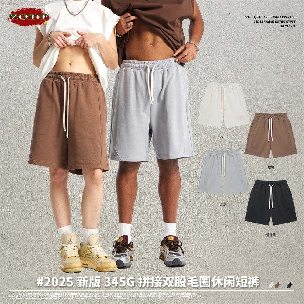 ZODF Trendy 2025 Men Summer Patchwork 345gsm Shorts Unisex Casual High Street Loose Fit Sport Solid Shorts Streetwears HY1053