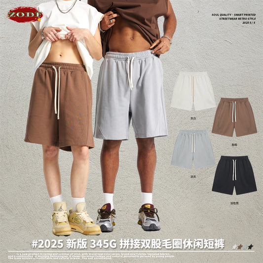 ZODF Trendy 2025 Men Summer Patchwork 345gsm Shorts Unisex Casual High Street Loose Fit Sport Solid Shorts Streetwears HY1053
