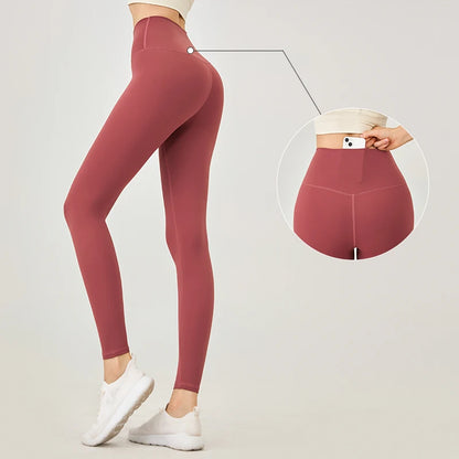 Naked Feel Yoga Leggings with Buttock Lifting and Hidden Waist Pockets – Women’s Gym Fitness Sportswear Tight - Rose