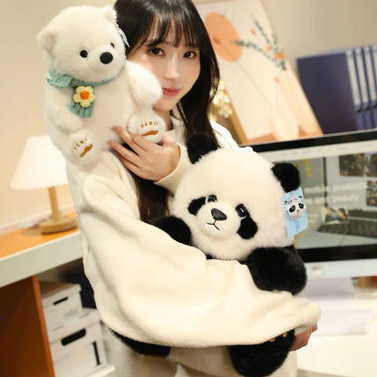 Artificial Fluffy Plush Stuffed Animal Cute White Bear Black White Panda Plushies Kawaii Scarf Decor Polar Bear Toys
