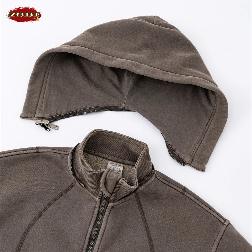 ZODF Vintage 2025 Winter Batik Washed Crop Hoodies Female Girls Remove Hood Heavy Weight Sport 400gsm Hooded Coat HY1085