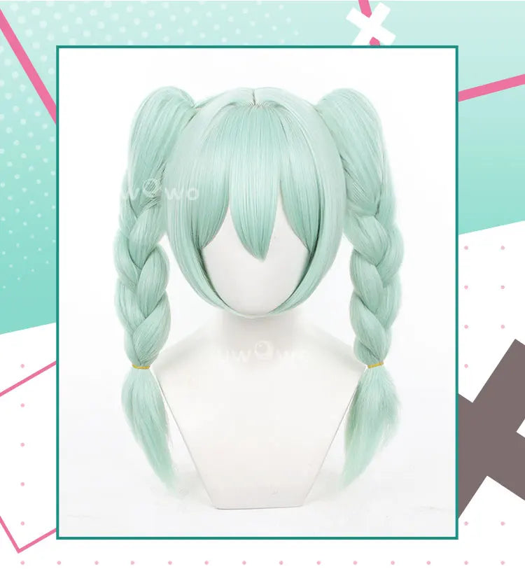 UWOWO V Singerr Mikku Cute Bunny Women Cosplay Wig With Ponytails Light Green Hair 45CM