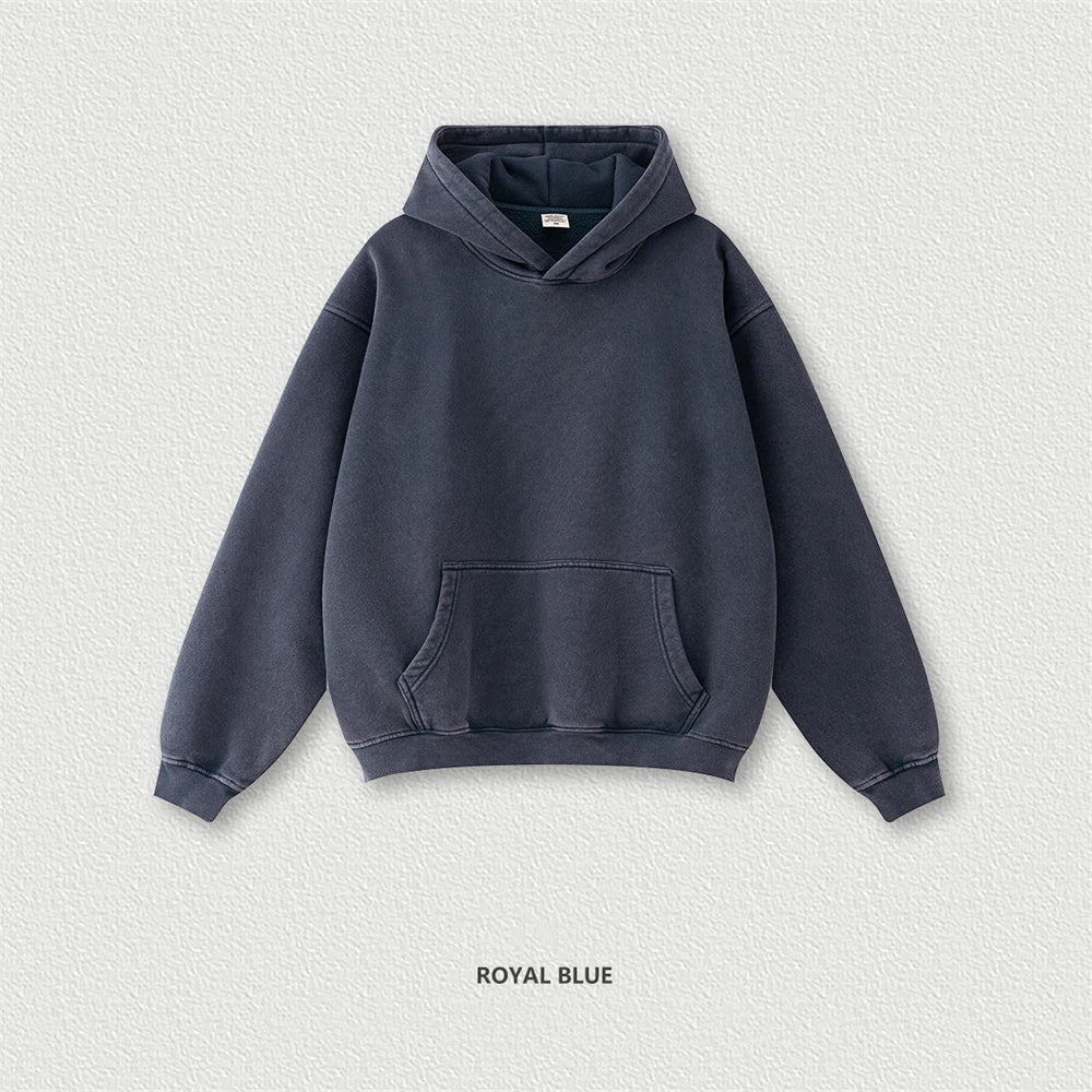 ZODF Retro Men’s Winter Washed Fleece Hoodie 360gsm Warm Knitted Loose Hooded Pullover Streetwear HY0887 - ROYAL BLUE