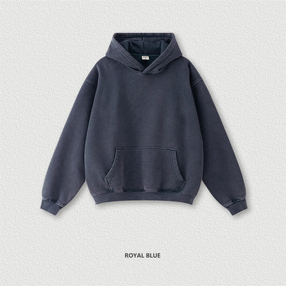 ZODF Retro Men’s Winter Washed Fleece Hoodie 360gsm Warm Knitted Loose Hooded Pullover Streetwear HY0887 - ROYAL BLUE