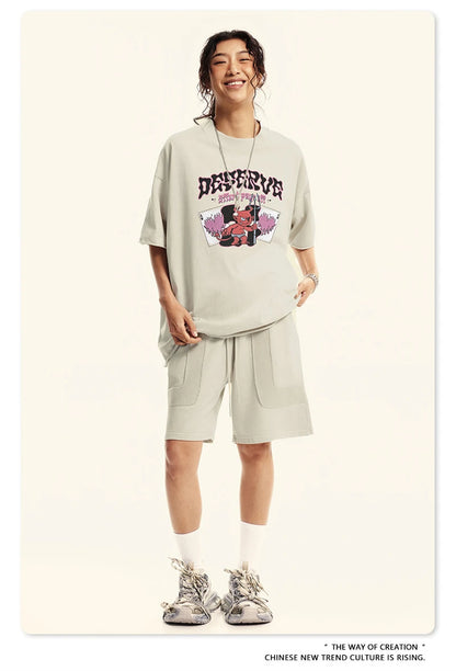 ZODF America Retro Summer 100% Cotton T-Shirts For Men Unisex Washed 310gsm Comfortable High Street Printing T Shirt Tops HY0862