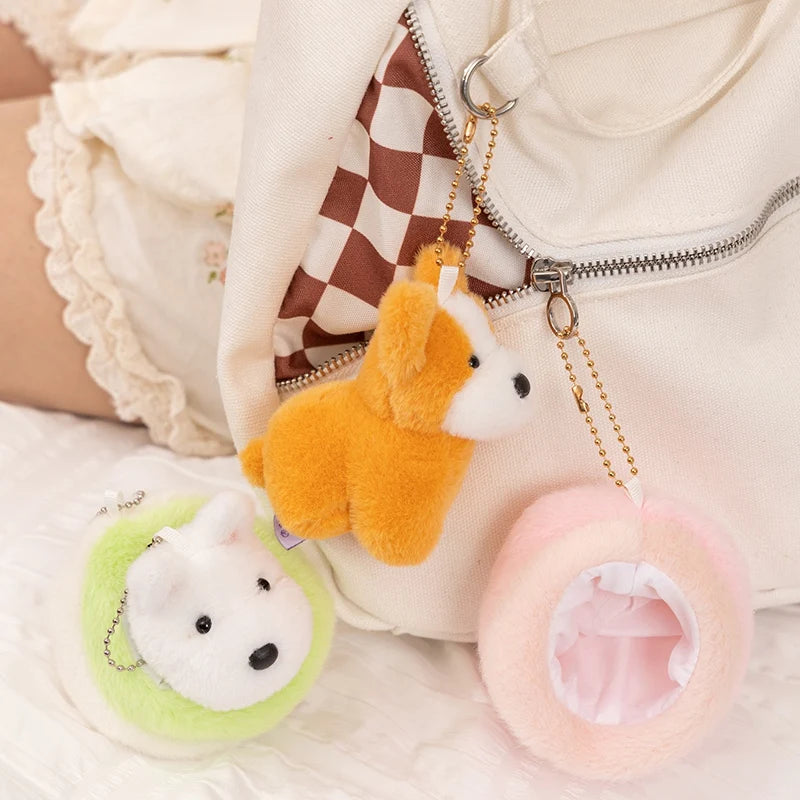 10cm Mini Cute Dog Plushies 2 in 1 Kawaii Soft Bag Pendant Love Dog in Doghouse Plush Toy Corgi Schnauzer Stuffed Doll Girl Gift