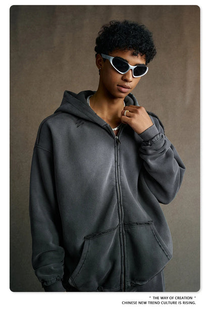 ZODF Retro Winter Men 400gsm Monkey Washed Zipper Hoodie Unisex High Street Loose Edge Ripped Distressed Hooded Pullovers HY1117