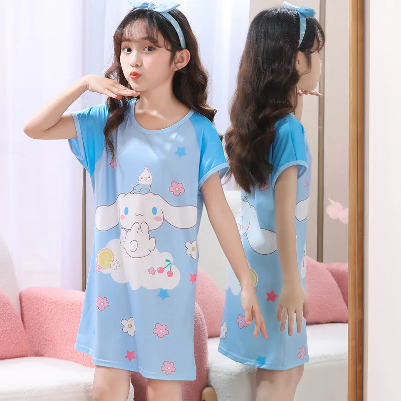 MINISO Children Home Clothing Girls Night Dress Summer Short Sleeve Disney Hello Kitty Cat Toddler Girl Pjs Nightgown Sleepwear