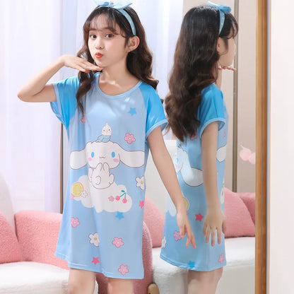 MINISO Children Home Clothing Girls Night Dress Summer Short Sleeve Disney Hello Kitty Cat Toddler Girl Pjs Nightgown Sleepwear