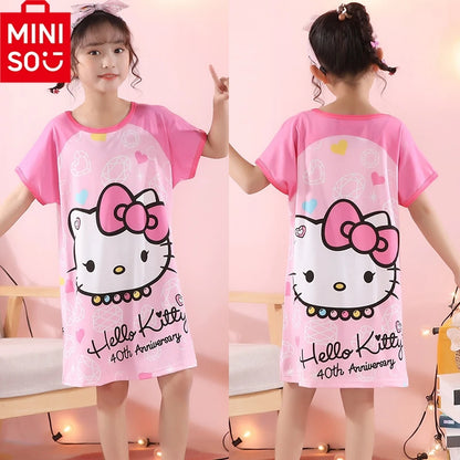MINISO Children Home Clothing Girls Night Dress Summer Short Sleeve Disney Hello Kitty Cat Toddler Girl Pjs Nightgown Sleepwear