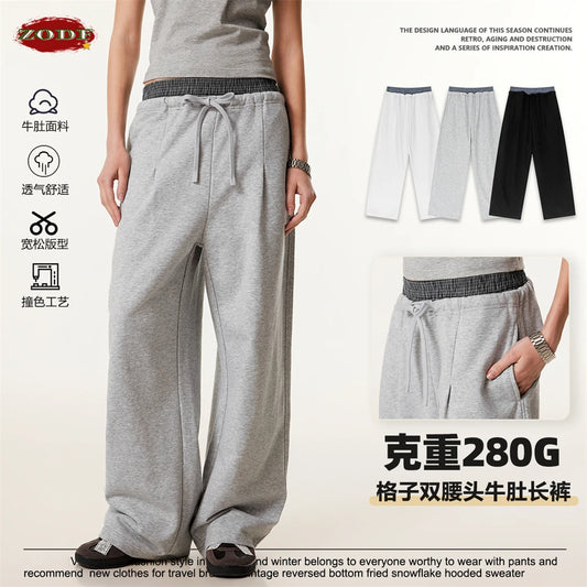 ZODF New 2025 Spring Men 280gsm Straight Pants Unisex Casual High Street Double Waist Sport Trousers Brand Streetwear HY1004
