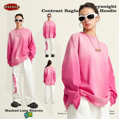 ZODF Retro Monkey Washed 260gsm Cotton T-Shirt For Men Unisex High Street Loose Full Sleeve T Shirt Brand Streetwear HY0406