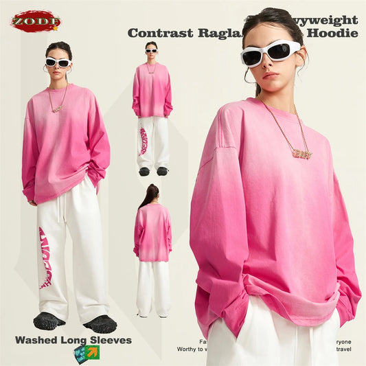 ZODF Retro Monkey Washed 260gsm Cotton T-Shirt For Men Unisex High Street Loose Full Sleeve T Shirt Brand Streetwear HY0406