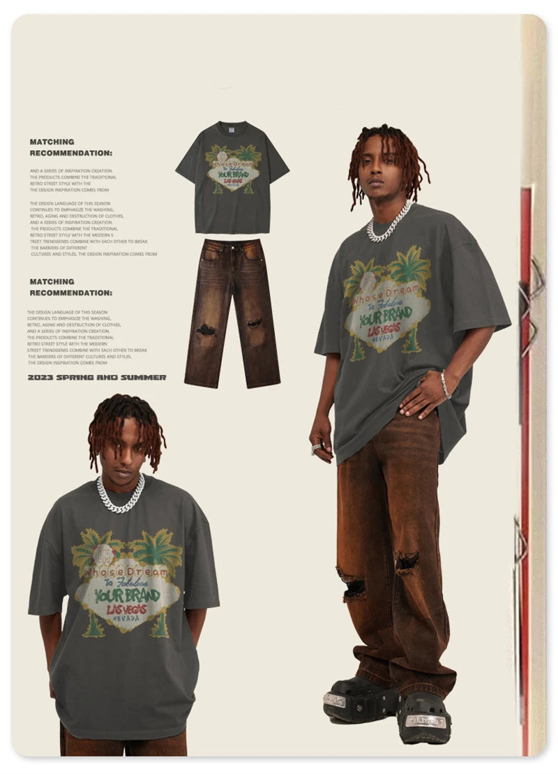 ZODF New Men High Street Washed T-Shirts Unisex Loose Tree Printing 285gsm Cotton O Neck T Shirt For Summer HY0512