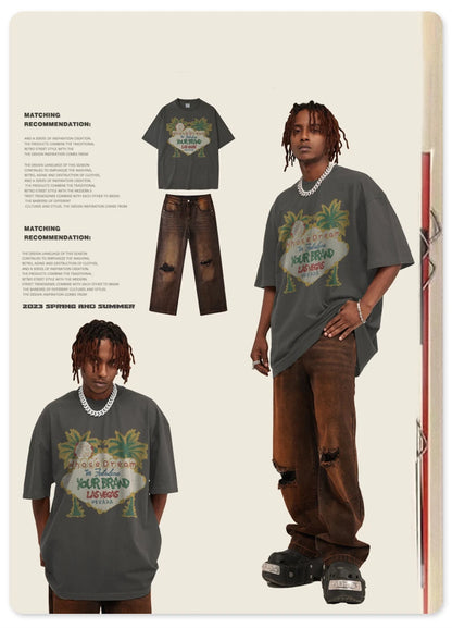 ZODF New Men High Street Washed T-Shirts Unisex Loose Tree Printing 285gsm Cotton O Neck T Shirt For Summer HY0512