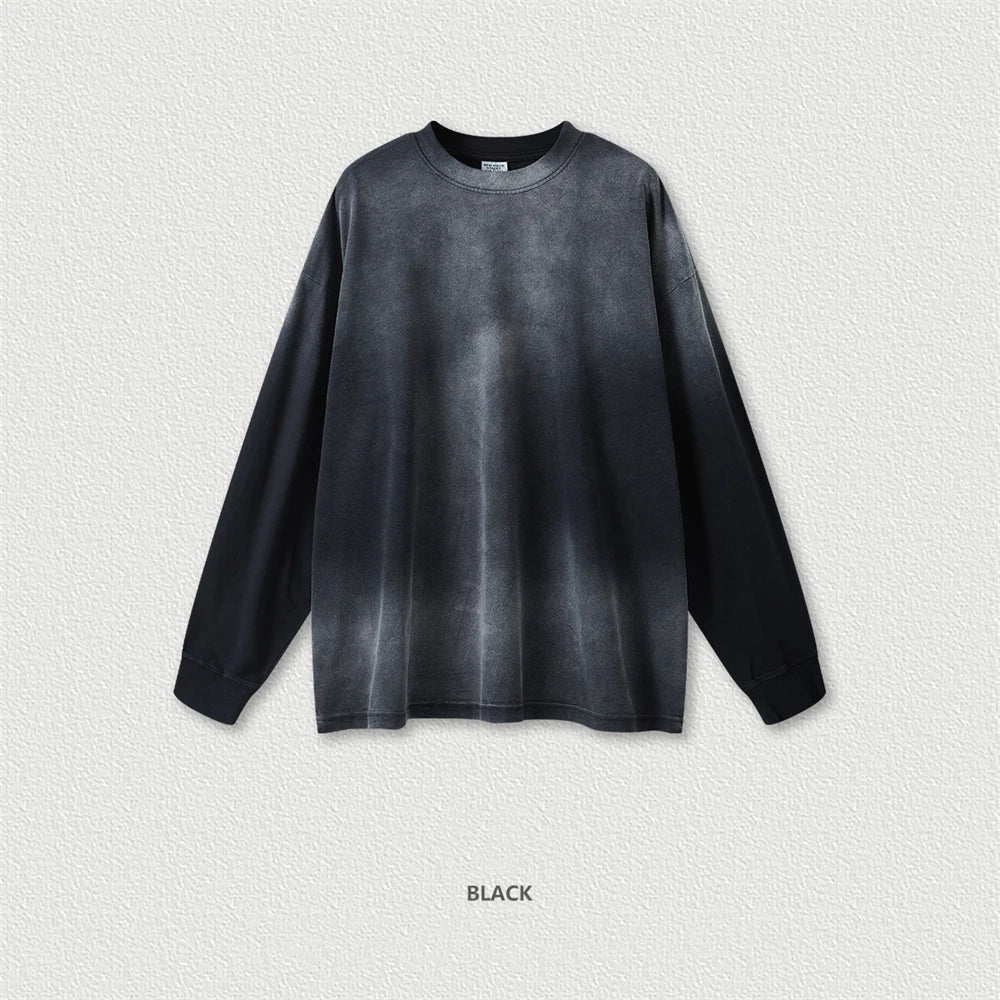 ZODF Retro Monkey Washed 260gsm Cotton Full Sleeve Loose High Street T-Shirt for Men Unisex HY0406 - black / S / China