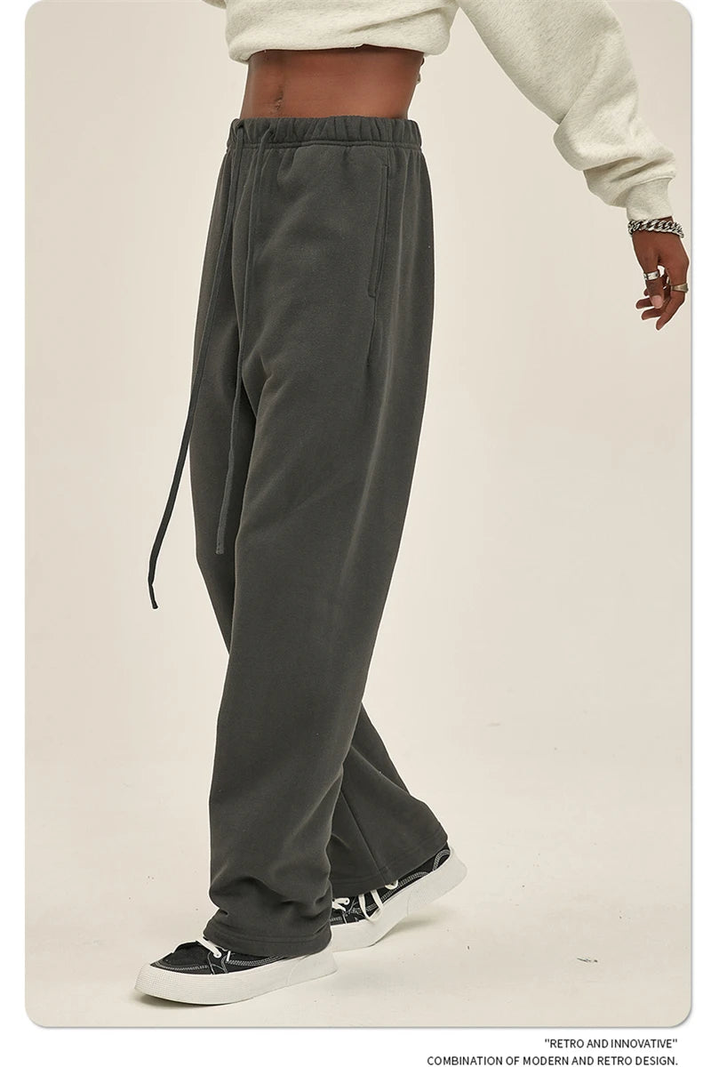 ZODF Fashion 2024 Men Loose Straight Pants Unisex 365gsm Retro Comfortable Sport Solid Drawstring Trousers HY0588