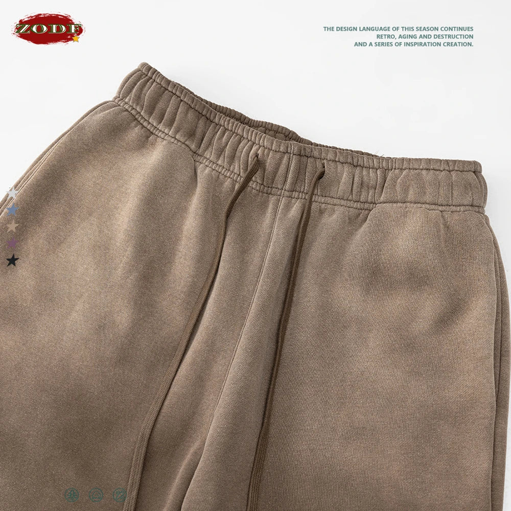ZODF Retro Winter Monkey Washed Fleece Pants For Men Unisex Washed High Street 332gsm Warm Oversized Straight Trousers HY0892