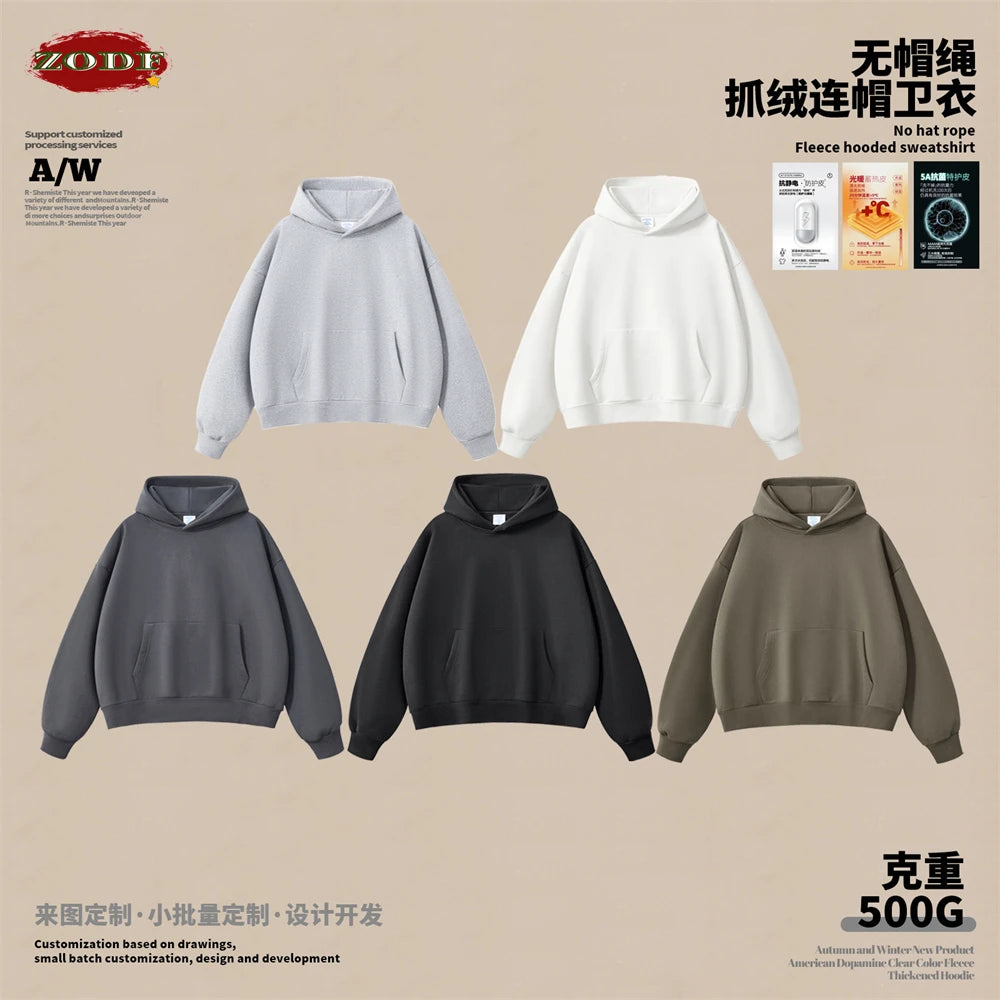 ZODF Fashion Winter Men 500gsm Fleece Hoodies Unisex Loose Fit Heavy Weight Thick Warm Hooded Pullovers Coats Streetwears HY0045