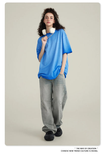 ZODF 2023 Men's Summer 255G Wash Gradient Fried Cotton T Shirt Round Neck Short Sleeve American Retro Loose T-Shirt HY0547