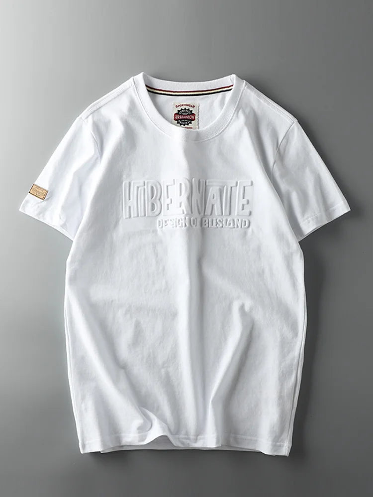 Summer American Retro Short-sleeved O-neck 3D Letter Printed T-shirt Men's Fashion Simple 100% Cotton Washed Casual Sport Tops