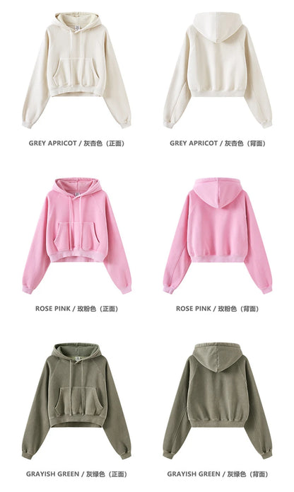 ZODF Women Hotsweet 2025 Winter Washed Fleece Crop Hoodies Girls Oversized Raglan Sleeve 400gsm Hooded Pullovers HY0648