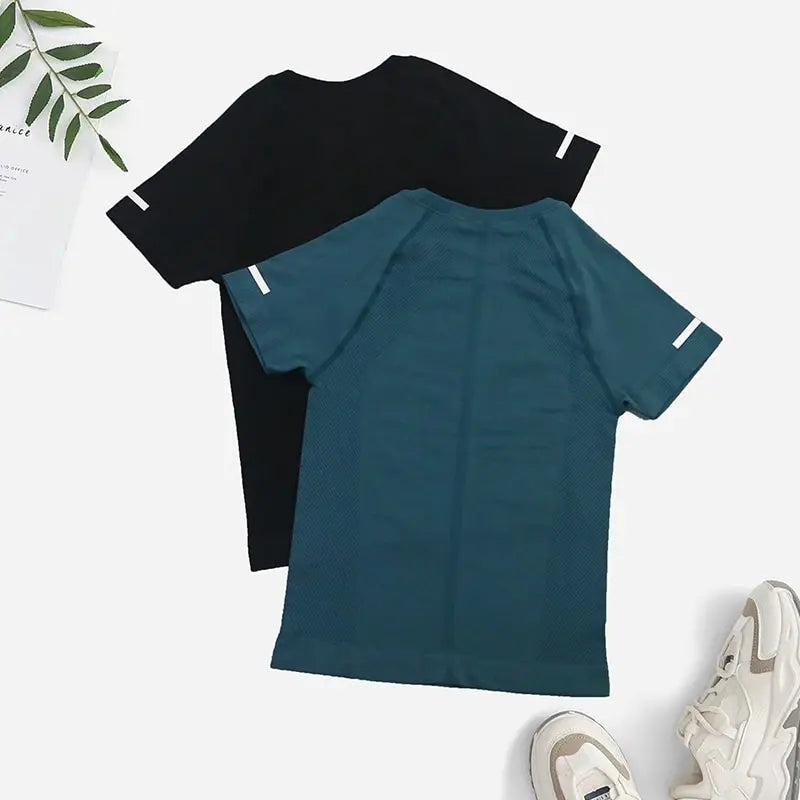Women Seamless 2-Piece Yoga T-Shirt Set Short Sleeve Athletic Fitness Workout Gym Training Top