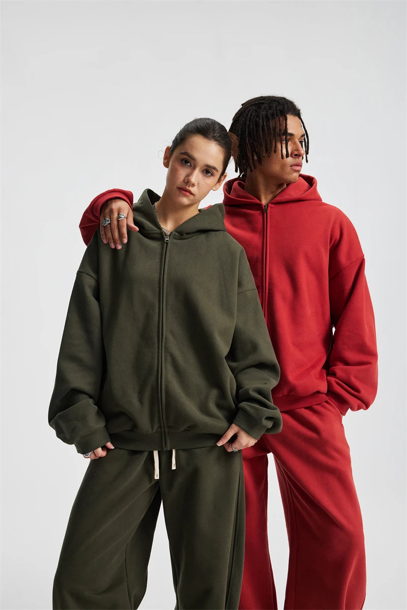 ZODF Trendy Winter Man Warm 430gsm Fleece Zipper Hoodies Unisex Solid Loose Zip-Up Hooded Coats Brand Outfit HY1130