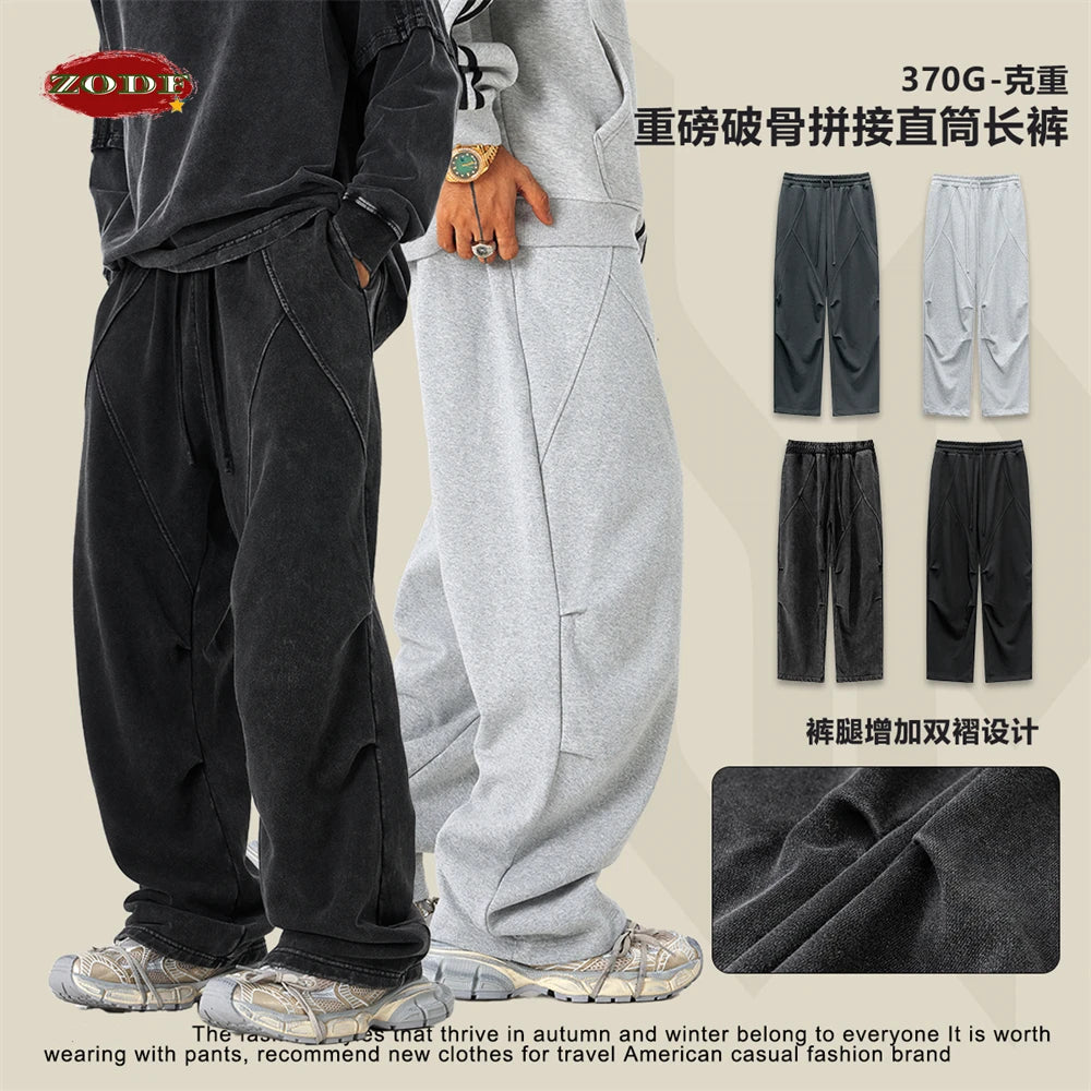 ZODF Retro 2024 Winter Patchwork Pants For Men Unisex Washed High Street 370gsm Oversized Double Knees Straight Trousers HY0878
