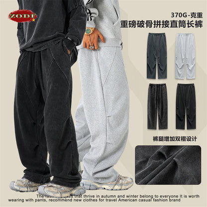 ZODF Retro 2024 Winter Patchwork Pants For Men Unisex Washed High Street 370gsm Oversized Double Knees Straight Trousers HY0878