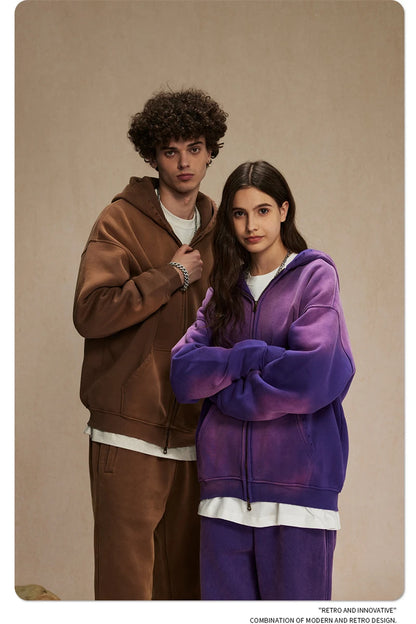 ZODF Retro Winter Men Spray-Dyed Zipper Hoodies Unisex Loose 360gsm Zipper Fleece Hooded Sweatshirt Pullovers Coats HY0719