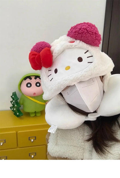 Stuffe Anime Hooded U-shaped Neck Pillow Hello Kitty Kuromi My Melody Travel Blackout Neck Pillow Office Nap Pillow Girl