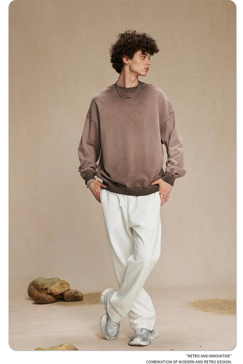 ZODF 2024 Autumn Men's Washed Sweatshirt Unisex Women Retro Solid 430gsm Terry Cotton O Neck Pullovers Coat HY0880