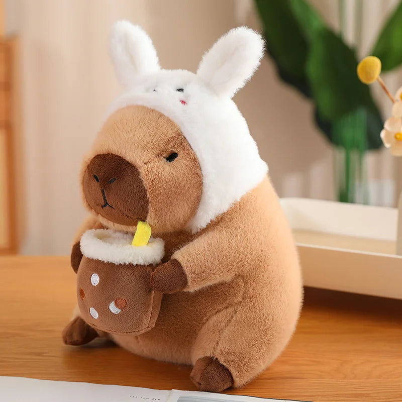 Cute Stuffed Capybara Plush Toy Holding Boba Tea Flower Capybara Plushies Cosplay Bread Dino Avocado Lovely Teddy Girl Gift