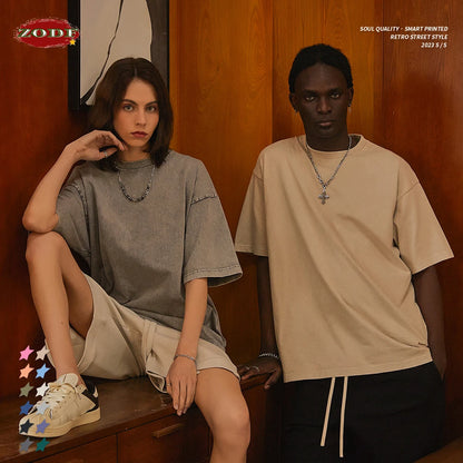 ZODF 2025 High Street Summer Washed Cotton Unisex Loose Retro Solid T-Shirt HY0113