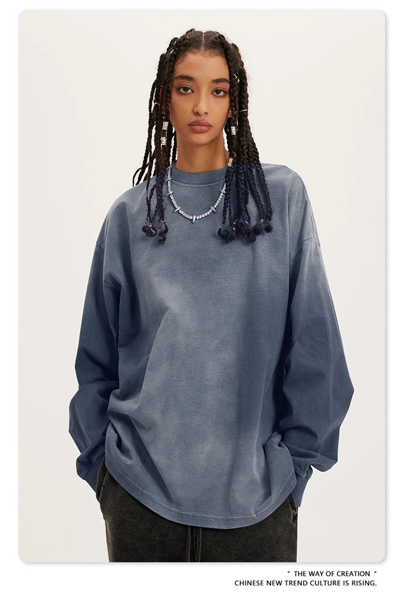 ZODF Retro Monkey Washed 260gsm Cotton T-Shirt For Men Unisex High Street Loose Full Sleeve T Shirt Brand Streetwear HY0406