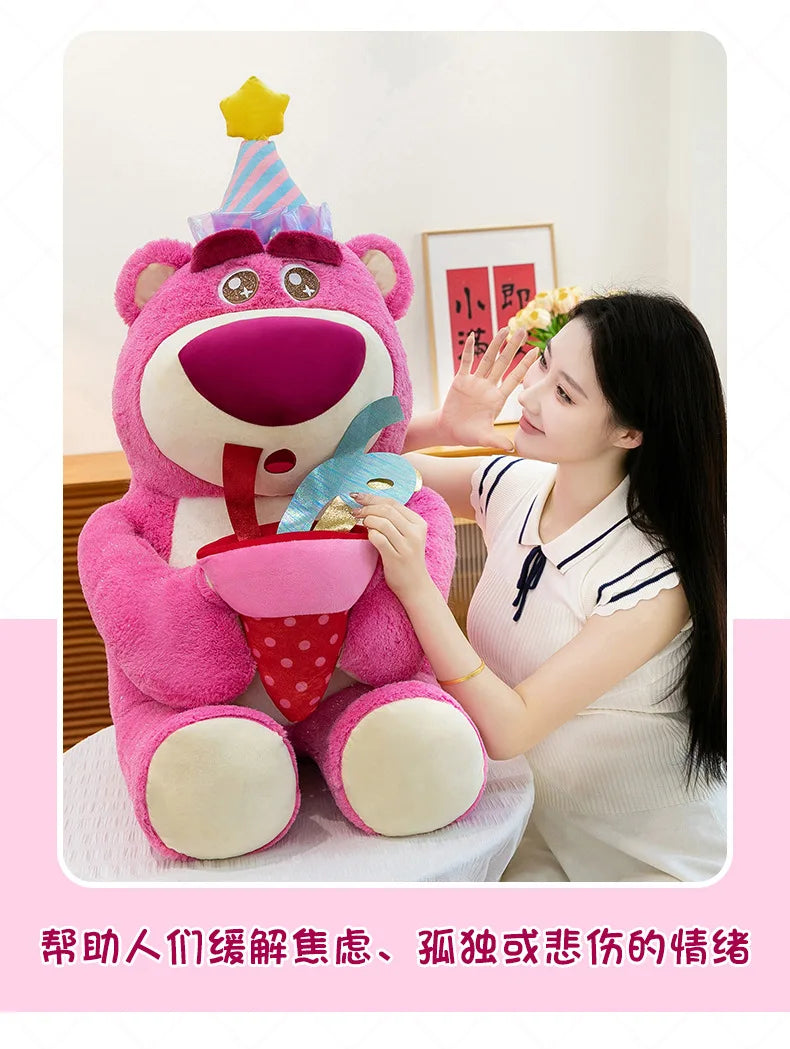 Disney Plush Strawberry Bear Doll with Birthday Hat Cute Stuffed Animal for Kids Birthday Xmas Gift Perfect Toy for Children And