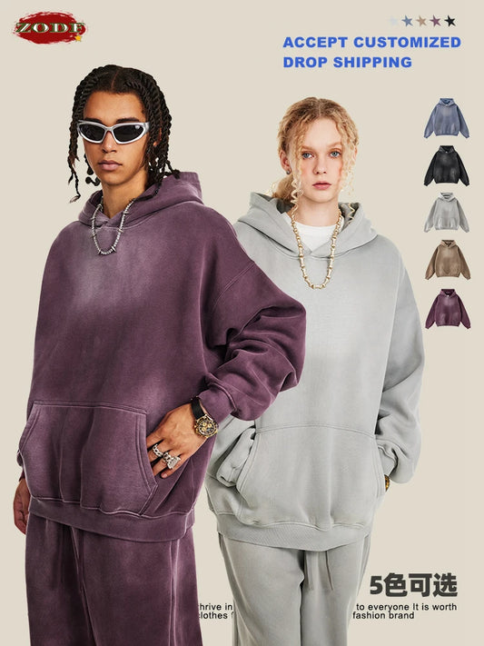 ZODF Autumn Winter Monkey Washed Fleece Hoodies For Men Unisex Basic 360gsm Warm Knitted Hooded Pullovers Coats HY0903