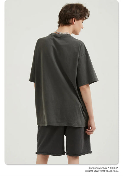 ZODF Men 2024 Retro Summer Washed Solid Cotton T-Shirts Unisex Retro Loose High Street 250gsm Basic Tees Streerwears HY0075