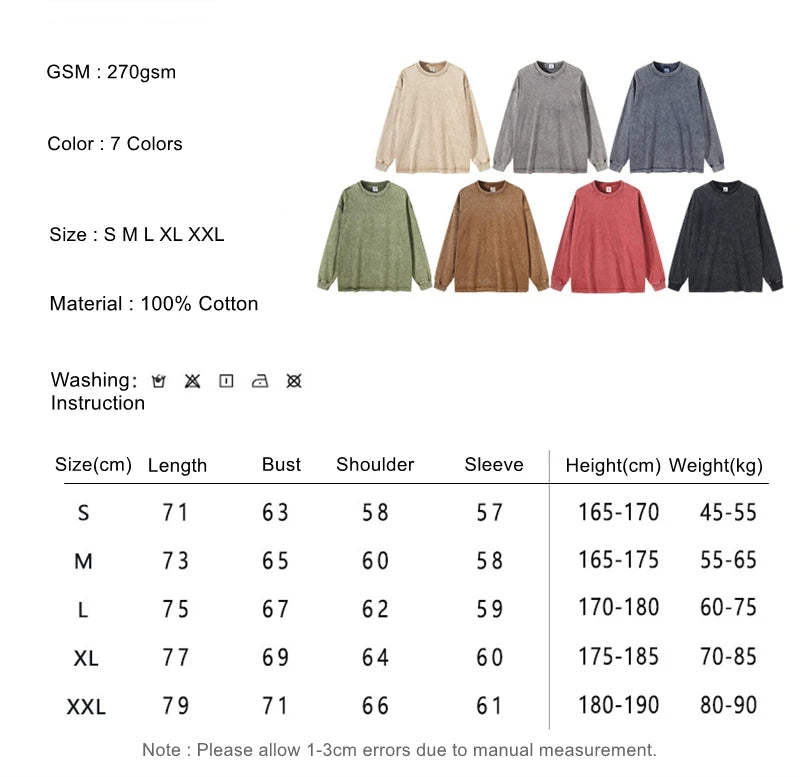 ZODF Retro 2025 Men Autumn Batik Washed T Shirt Unisex Oversized Basic Long Sleeve Solid 270gsm Cotton T-Shirts Tees HY0641