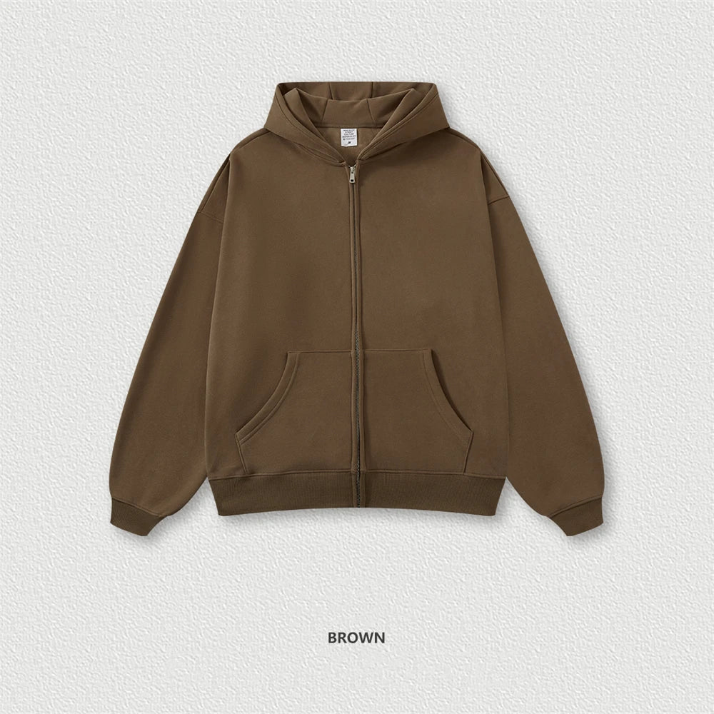 ZODF New Winter Men Zipper Fleece Hoodies Unisex Loose Heavy Weight Thick Warm Basic 420gsm Hooded Coats Hoodie HY0747