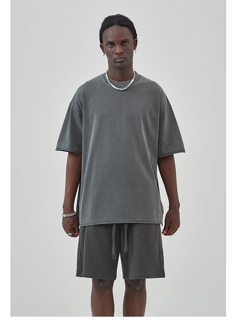 ZODF 2025 High Street Men Batik Washed Solid T Shirts Unisex Summer Loose Edge Noshrink 275gsm Cotton T-Shirt Streetwears HY0466