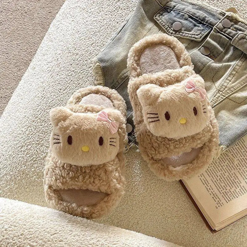 New Sanrio Sweet Hello Kitty Warm Cotton Slippers For Student Dormitory Comfortable One Word Hairy Adult Cotton Slippers